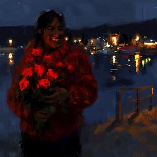 女孩捧花微笑插画