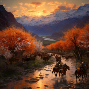 草原骏马晚霞河流