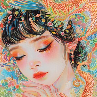 手绘国潮风格插画少女