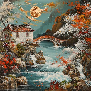 新中式山水描金楼阁画