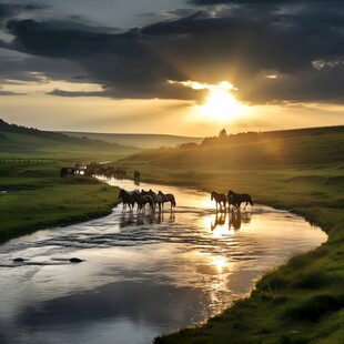 草原骏马晚霞河流