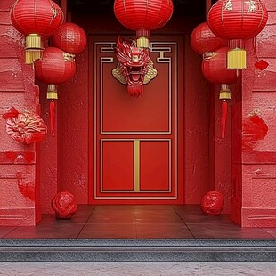 中式大门挂红灯笼