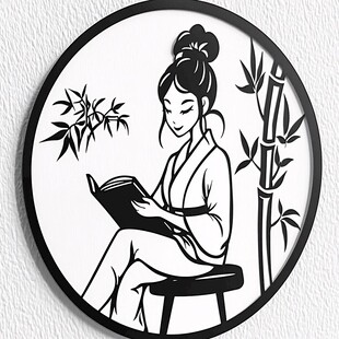 竹林和女孩水墨画