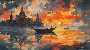 缅甸水彩水墨山水