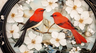 红地瓣窼对鸟织锦