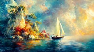 帆船风景油画