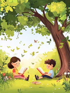 大树下读书的小女孩