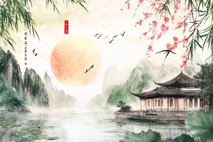 仙鹤楼阁古风山水画