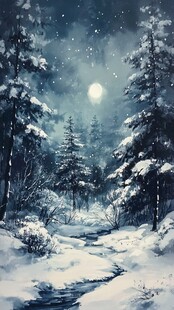 手绘雪夜风景无框画