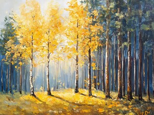 秋天森林画白桦树