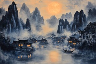 水墨山水画夜景