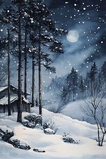 手绘雪夜风景无框画