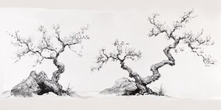 手绘工笔梅竹假山