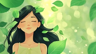 插画绿叶女孩