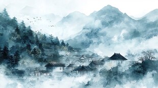 插画横店水彩水墨山水