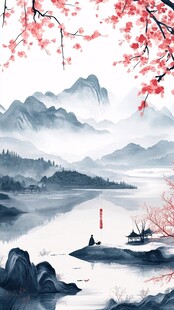 水墨桃花禅意山水