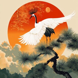 旭日东升仙鹤插画