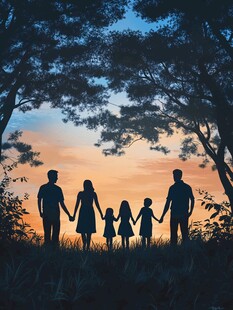 夕阳下一家人剪影