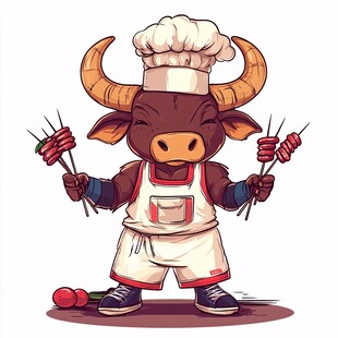 卡通牛厨师撸串