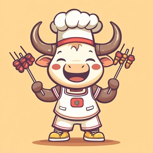 卡通牛厨师撸串