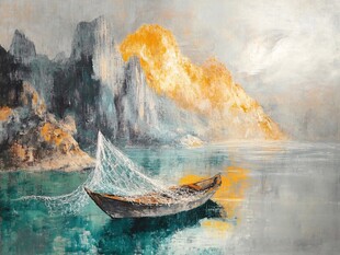 山峰渔船群山油画壁画