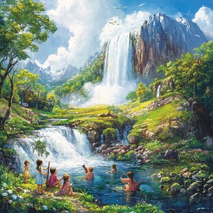 山水风景油画瀑布