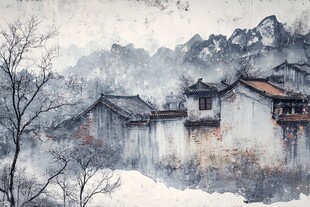中式建筑风景油画