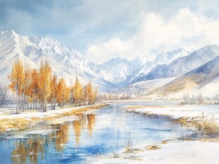 雪山河流油画