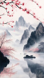 水墨桃花禅意山水