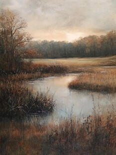 油画秋天的湖泊