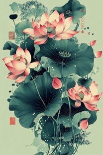 深蓝背景荷花图