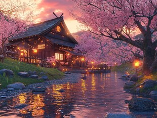 日本樱花庭院建筑