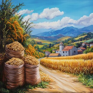 麦田丰收风情油画