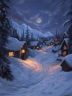 手绘雪夜风景无框画