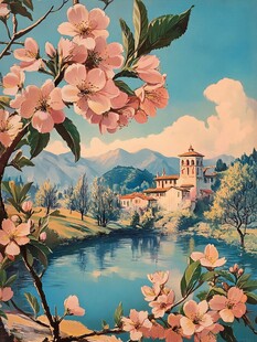 桃花风景油画