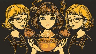 吃螺蛳粉的女孩插画