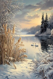 意境山水冬日天鹅