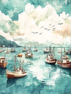 水彩画渔船生态环保