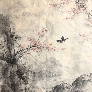 红梅花鸟山水