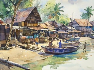 柬埔寨水彩插画彩绘