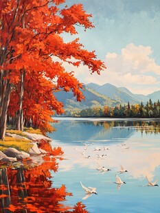 油画秋天的湖泊
