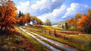 唯美秋天风景油画