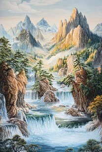 山水风景油画瀑布