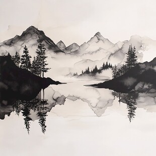 新中式水墨画远山彩绘