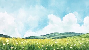 蓝天白云草地插画