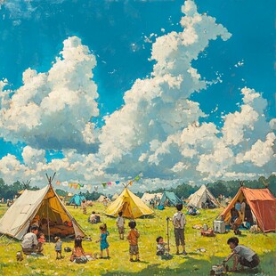 蓝天白云绿草油画