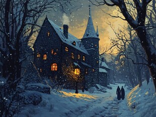 手绘雪夜风景无框画