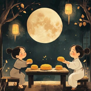 中秋月饼人物插画