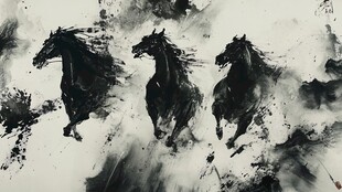 水墨奔马图巨幅壁画
