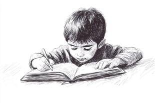 手绘读书小男孩